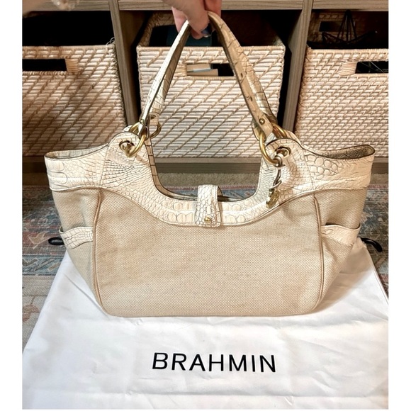 BRAHMIN Melbourne Croc Embossed Accent Cream Off White Tote + Dust Bag - Picture 1 of 14